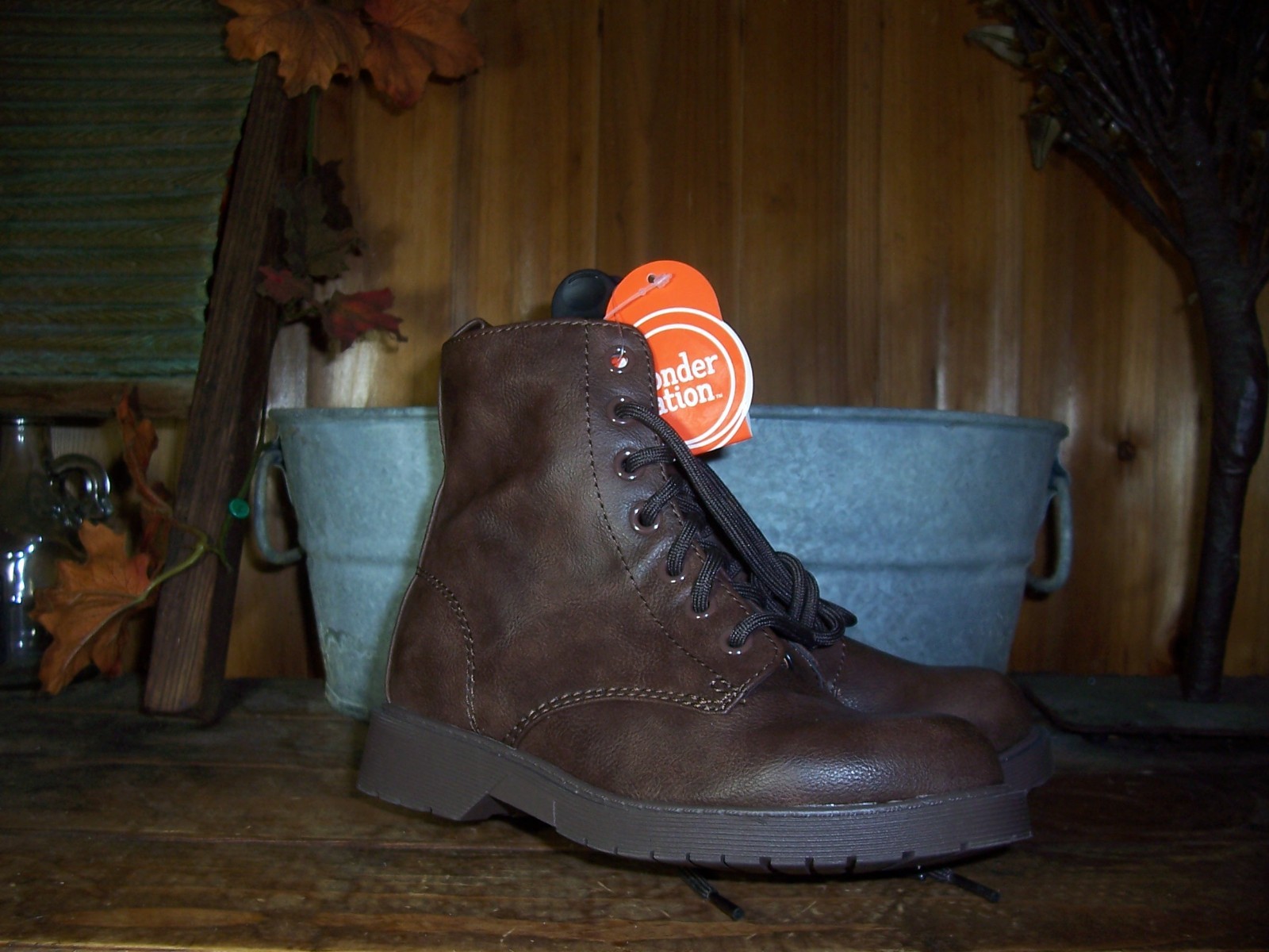 WONDER NATION GIRLS COMBAT BOOTS SHOES SIZE 13 BROWN LACE UP CASUAL ANKLE BOOTS