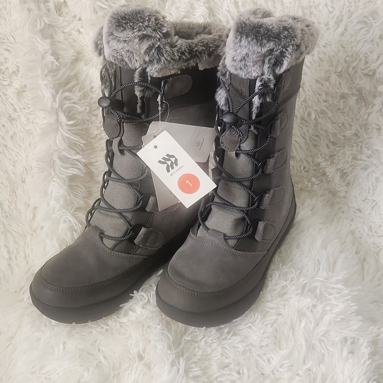 NWT All in Motion Girls Gray Faux Fur Lined Winter Boots Size 1