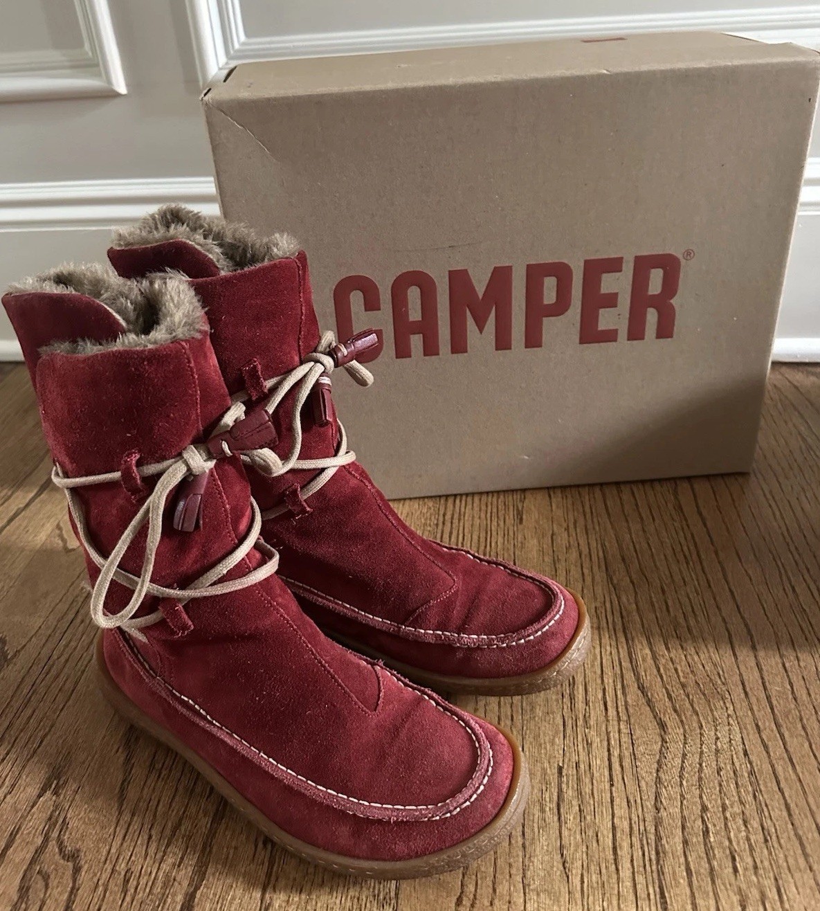 Camper Women Winter Red Boots Cozy Plush Warm Suede Leather Size 7 EU 37