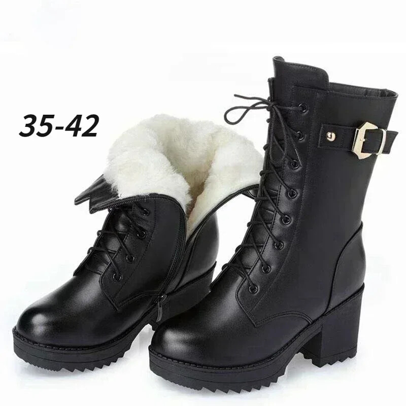 2024 Winter Women Winter Boots Thick Wool Warm Women High-heeled Genuine Boot