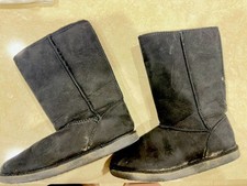 Big Girls Winter Boots Size 3 Black Fur Lined Suede Warm Shoes Slip On