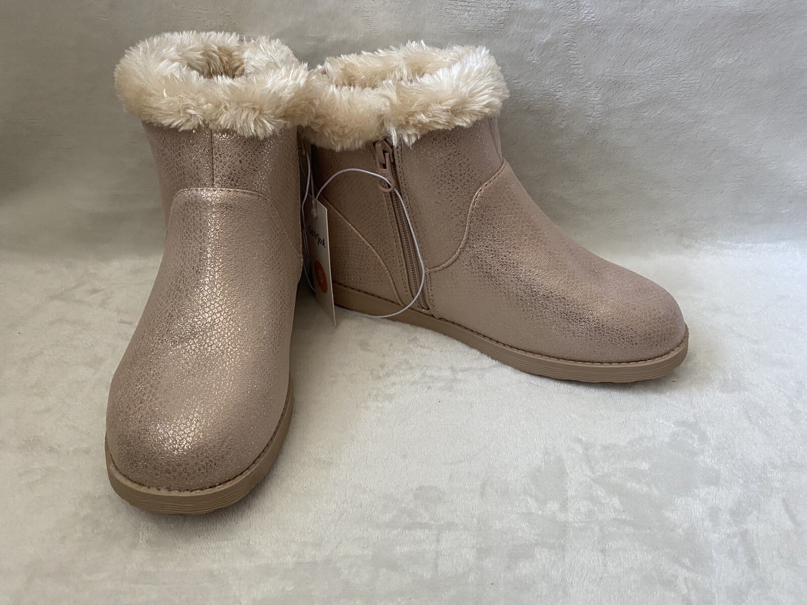 Cat & Jack Girls Winter Boots Sz 5 Faux Fur Shearling Shimmer Rose Gold Pink