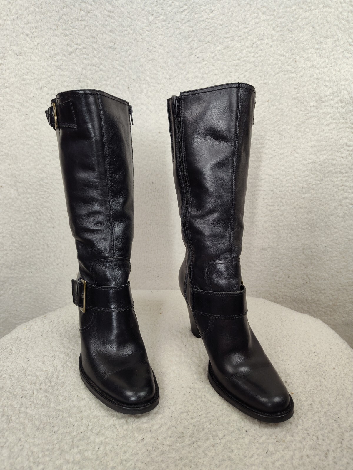 BP Julius-Lea Women Boots 8 1/2 Black Leather Pull Zip Up Mid Calf Heeled Shoes