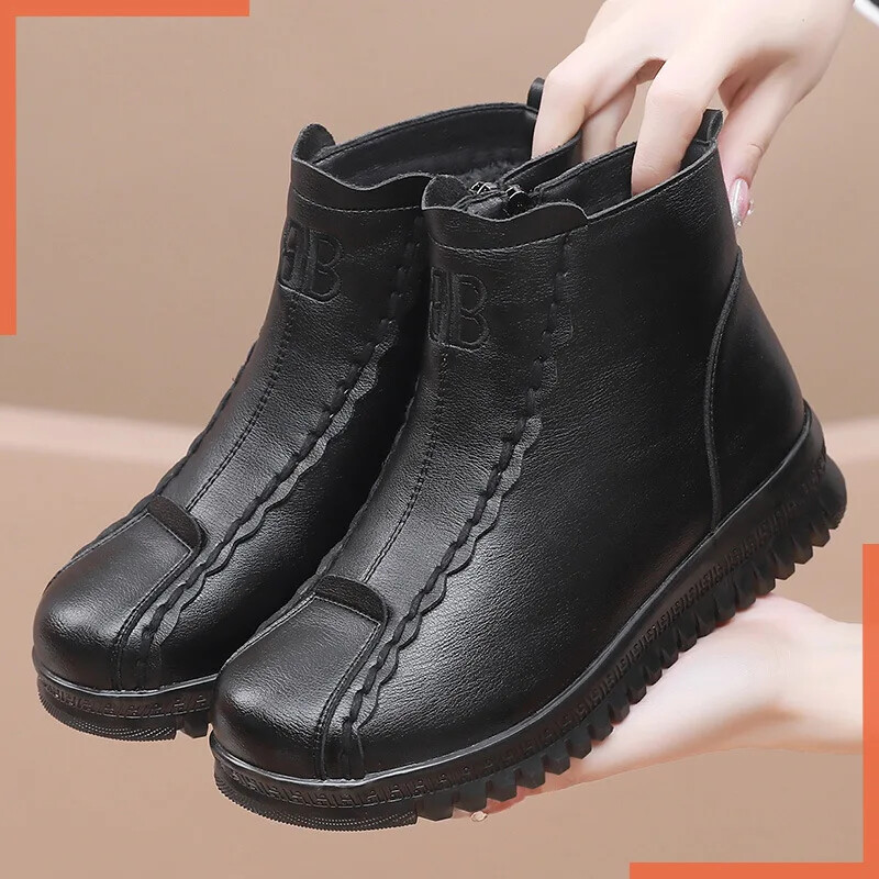 Women Winter Boots Leather Plush Warm Casual Ankle Boot Mother Non-slip Footwear