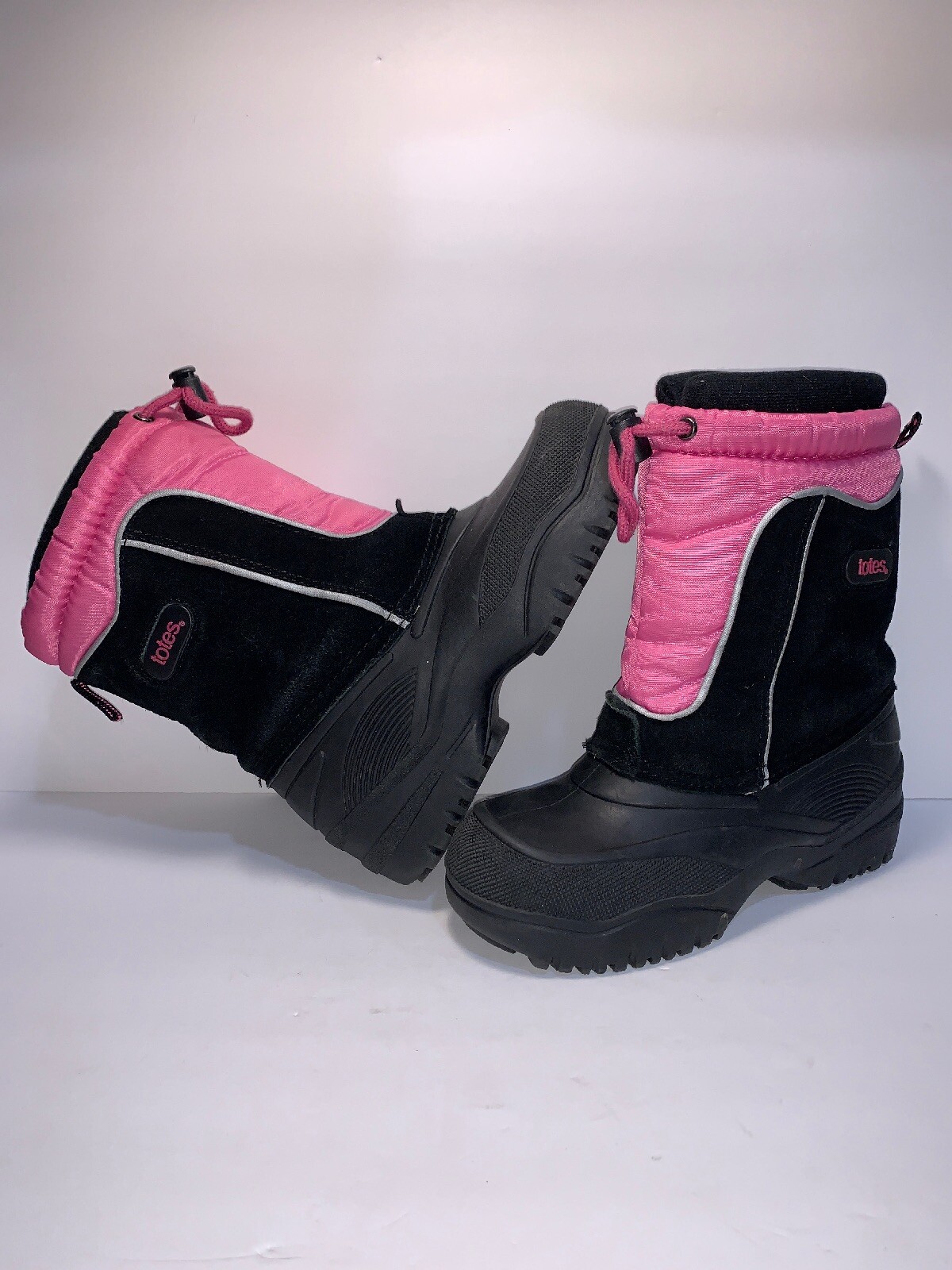 TOTES SZ 3 M BLACK/PINK LEATHER / Nylon LINED GIRLS WINTER BOOTS EB-9