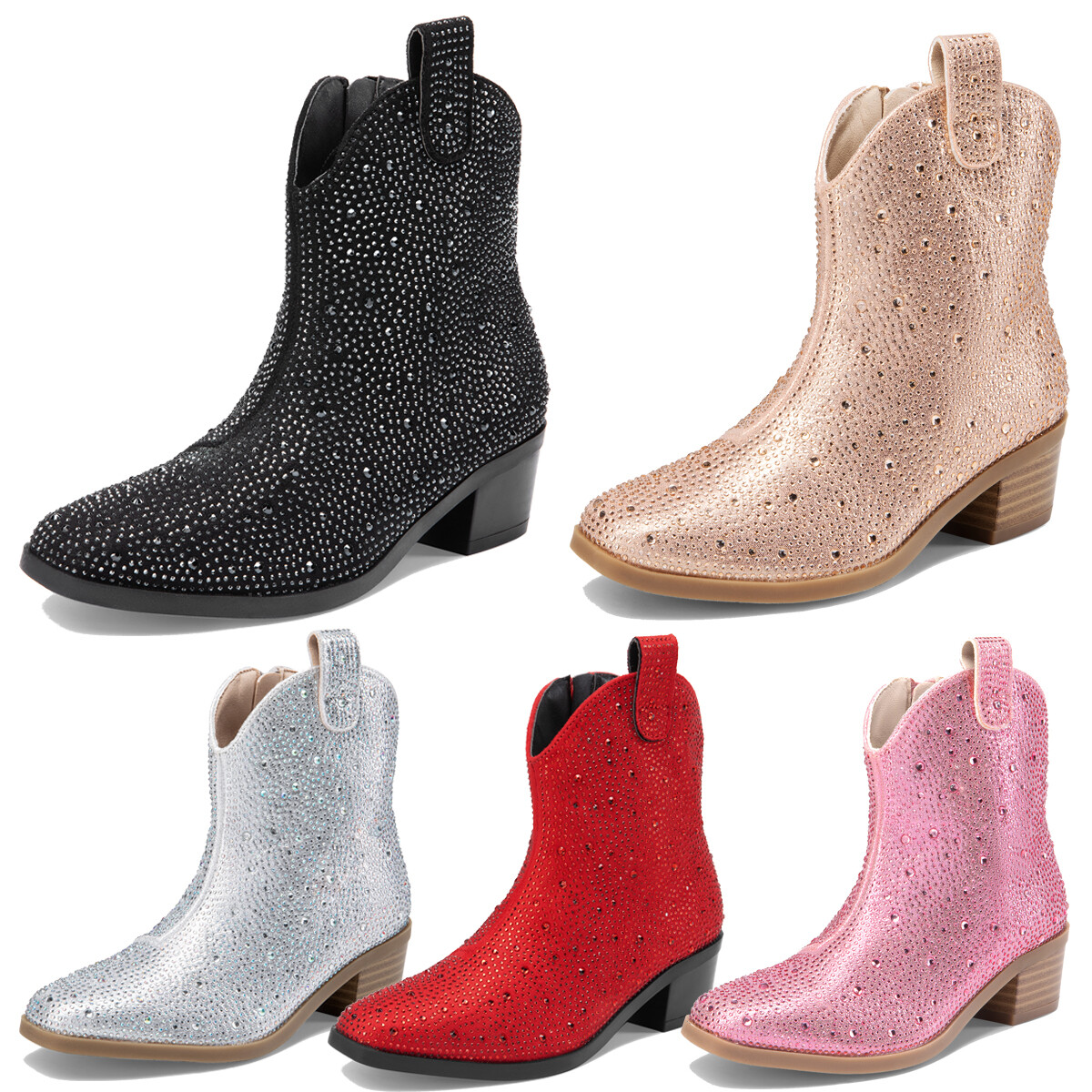 Girls Boots Cowgirl Cowboy Rhinestone Boots Ankle Low Heel Dress Booties