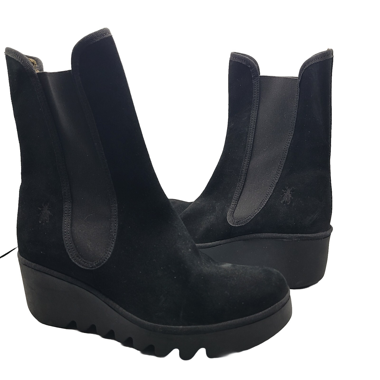 Fly London Women Boots Byro Black Suede Chelsea Wedge Heel Pull On Sz 9 40 New