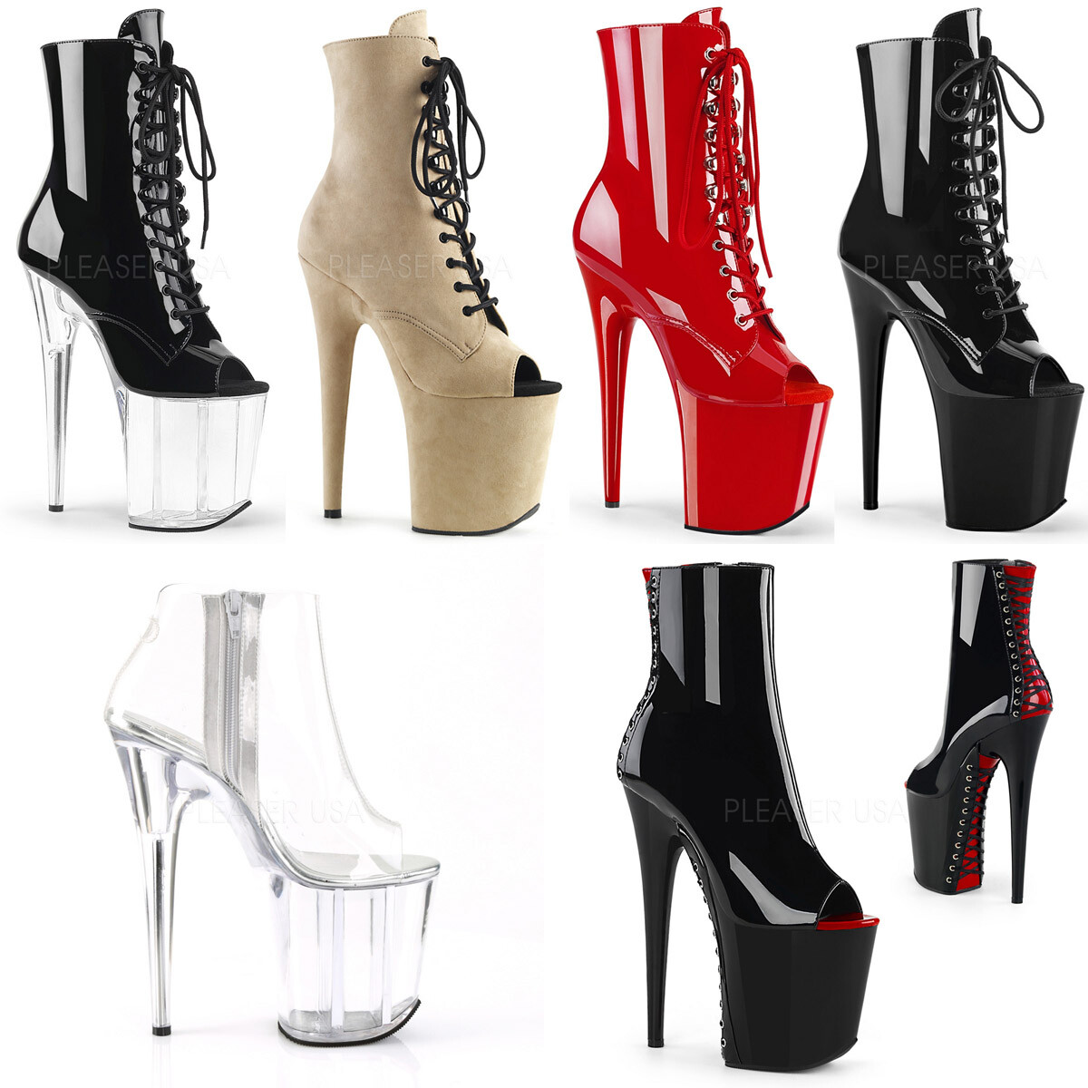 Pleaser 8″ Heel 4″ Pf Peep Toe Lace-Up Ankle Side Zip Adult Women Boots Flam102X