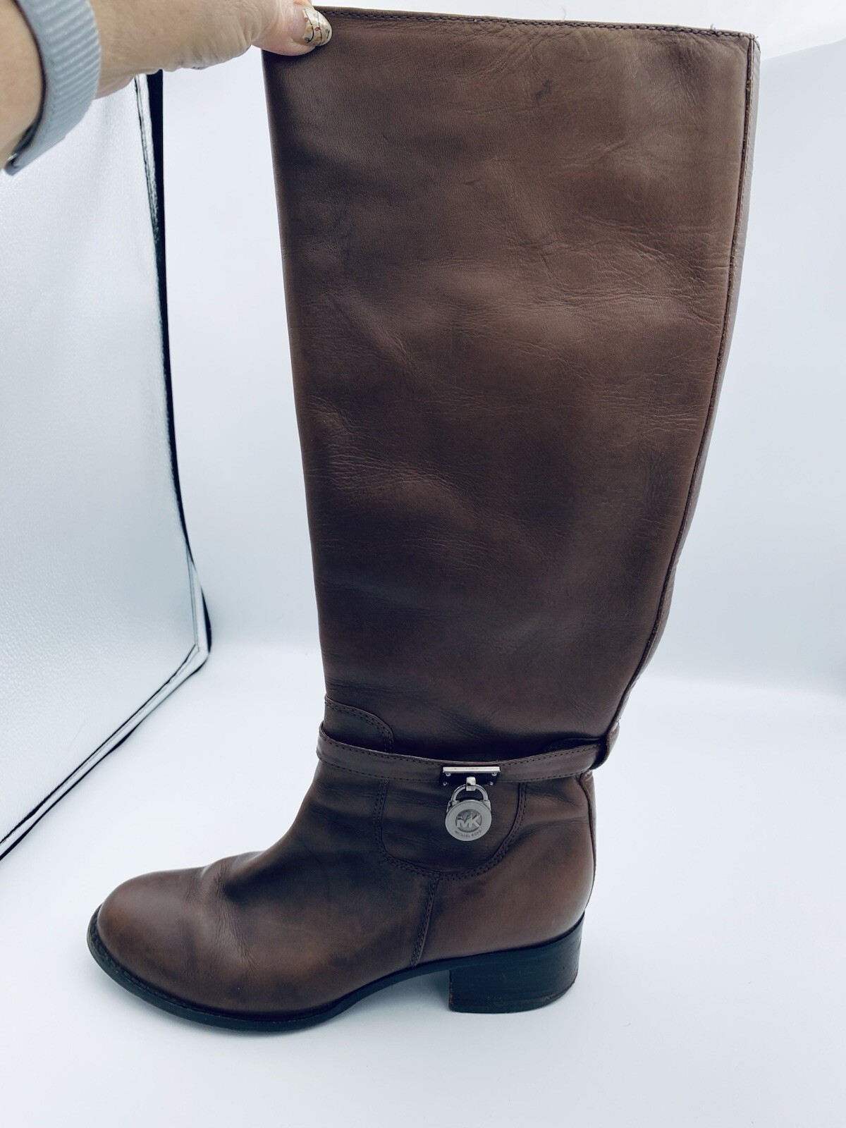 Michael Kors Hamilton Brown Leather Women Boots Tall Tan Logo Knee Zip Sz 8.5 M