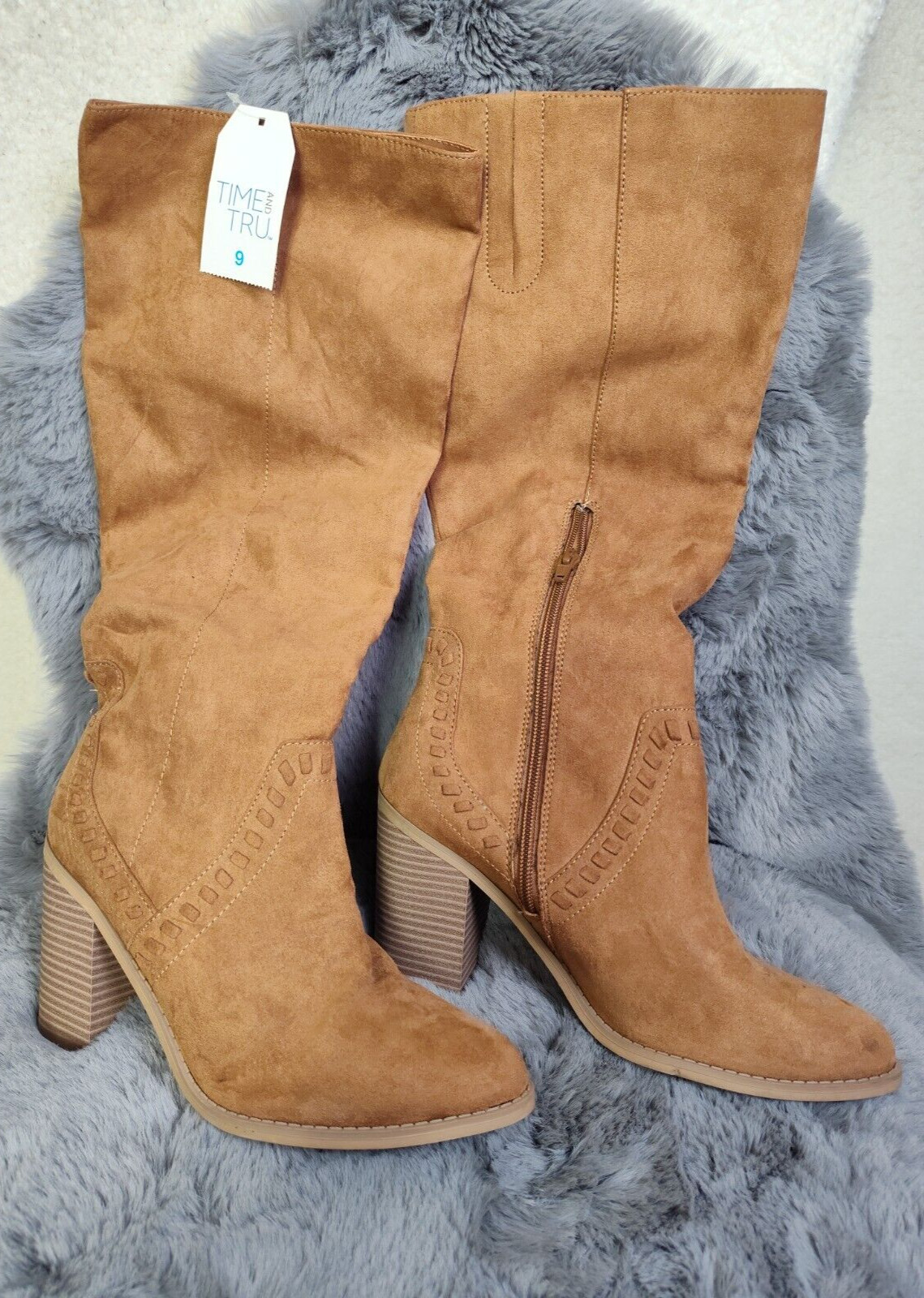 Time Tru Women Boots 9 Brown Fabric Zip Memory Foam Knee High Block Heel Shoes