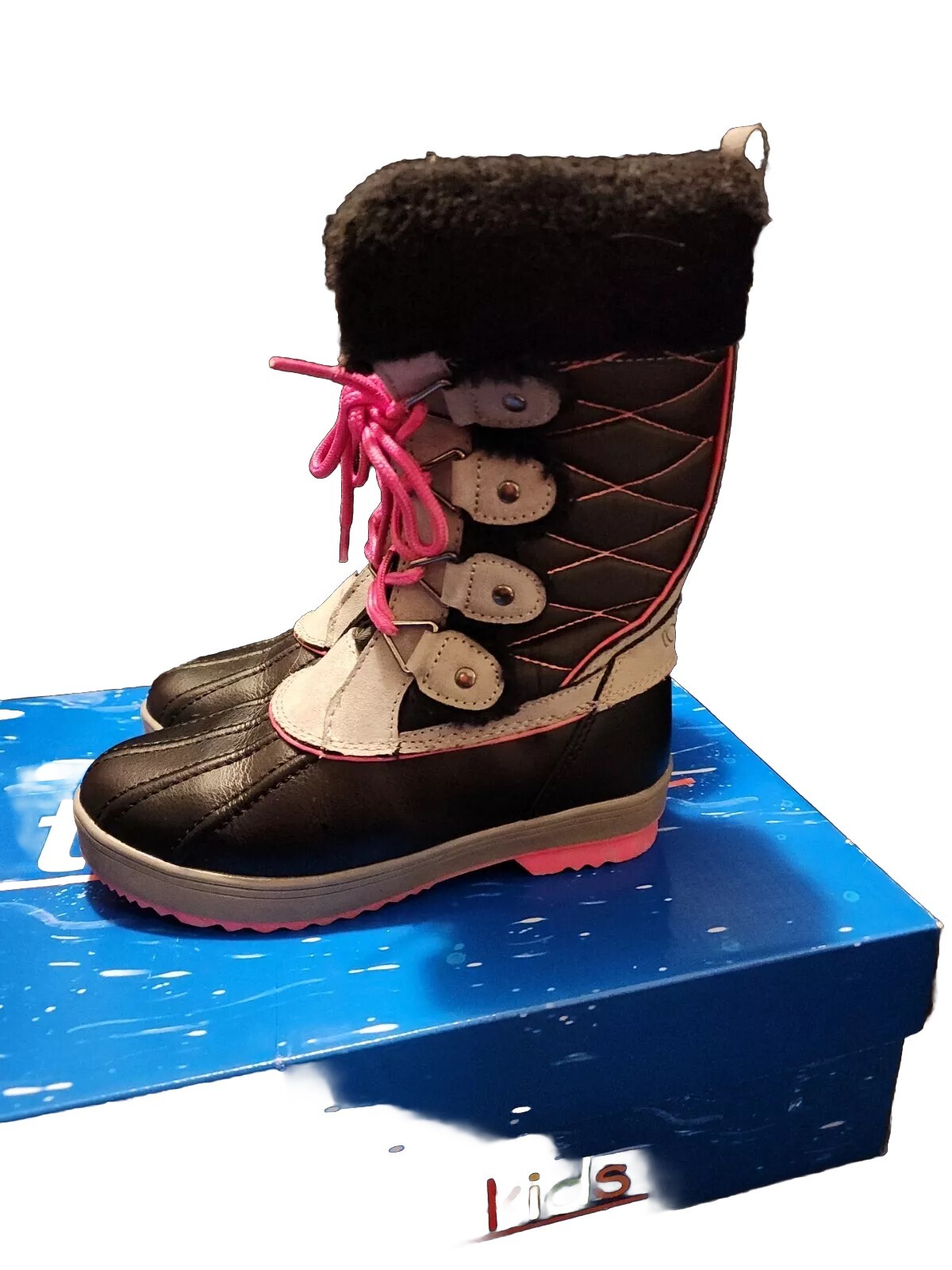 Totes Kids Girls Winter Boots Black, pink and grey Size 2