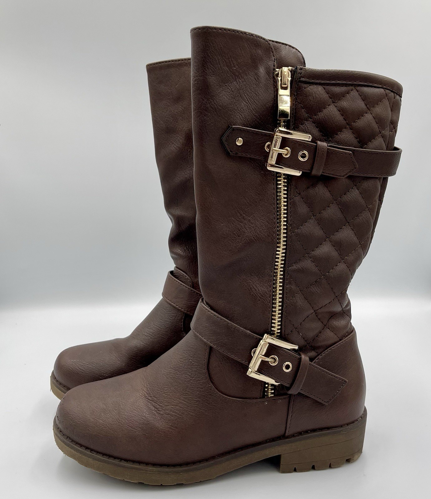 DREAM PAIRS Girls Boots Size 2 Excellent Pre Owned Biker Aviator Brown Calf High