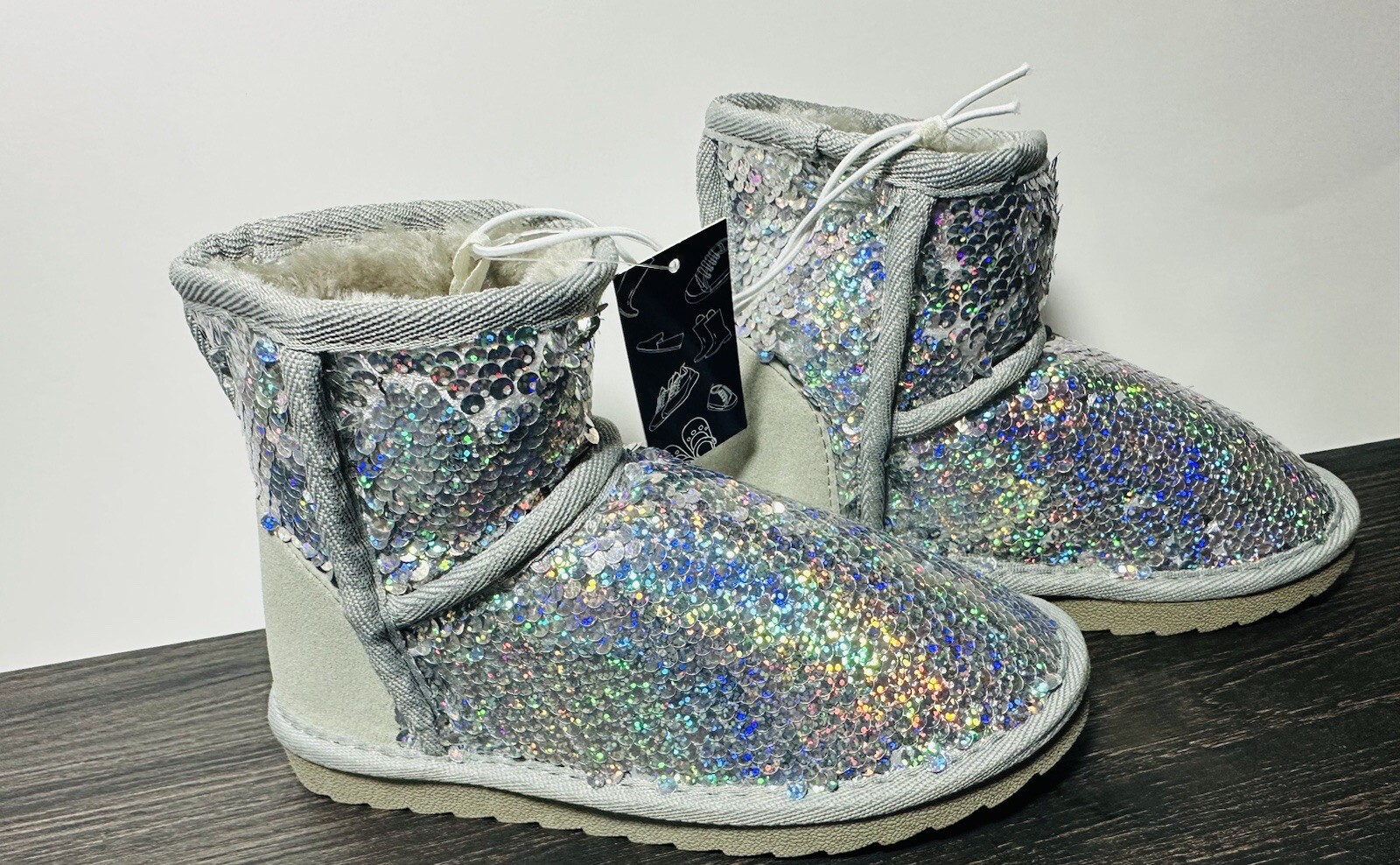 K KomForme Girls Winter Boots Sparkle Sequins Warm Snow Shoes Fur Lined