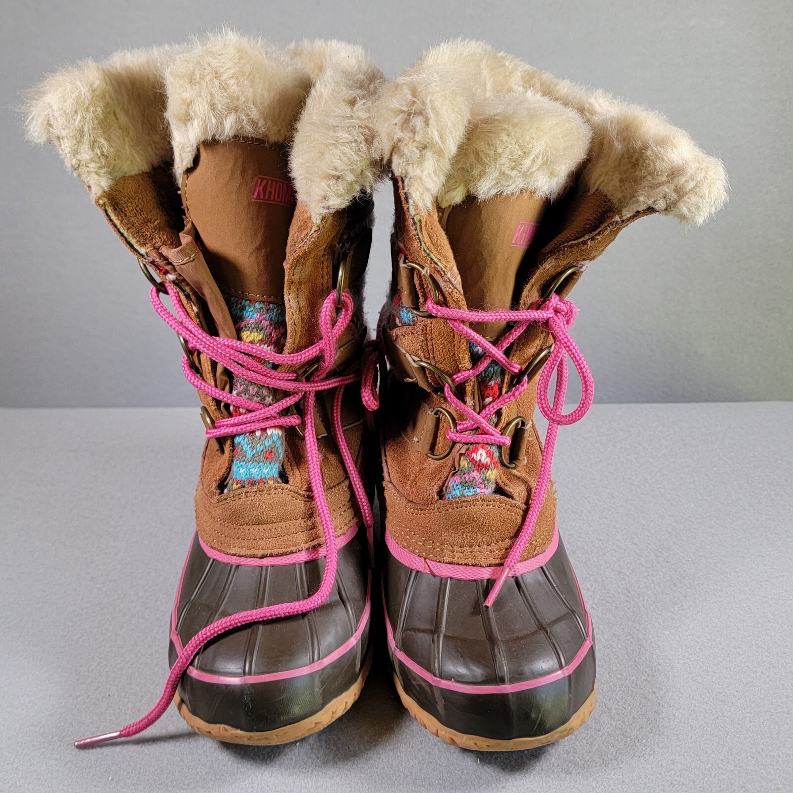 Khombu Girl’s Snow Boots Steel Shank Size 2 Lace Up Winter Suede Faux Fur