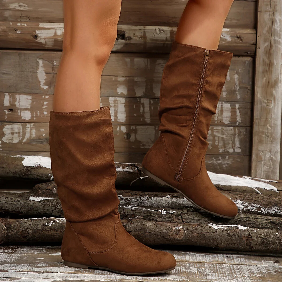 Women Boots Fashion Flat Mid-Calf Boots Faxu Suede Round Toe Western Cowboy Boot