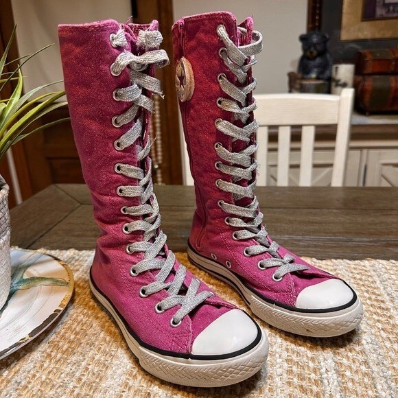 Rare! VTG Converse All Star Knee High Glitter Boots Pink Lace Girls Size Youth 1