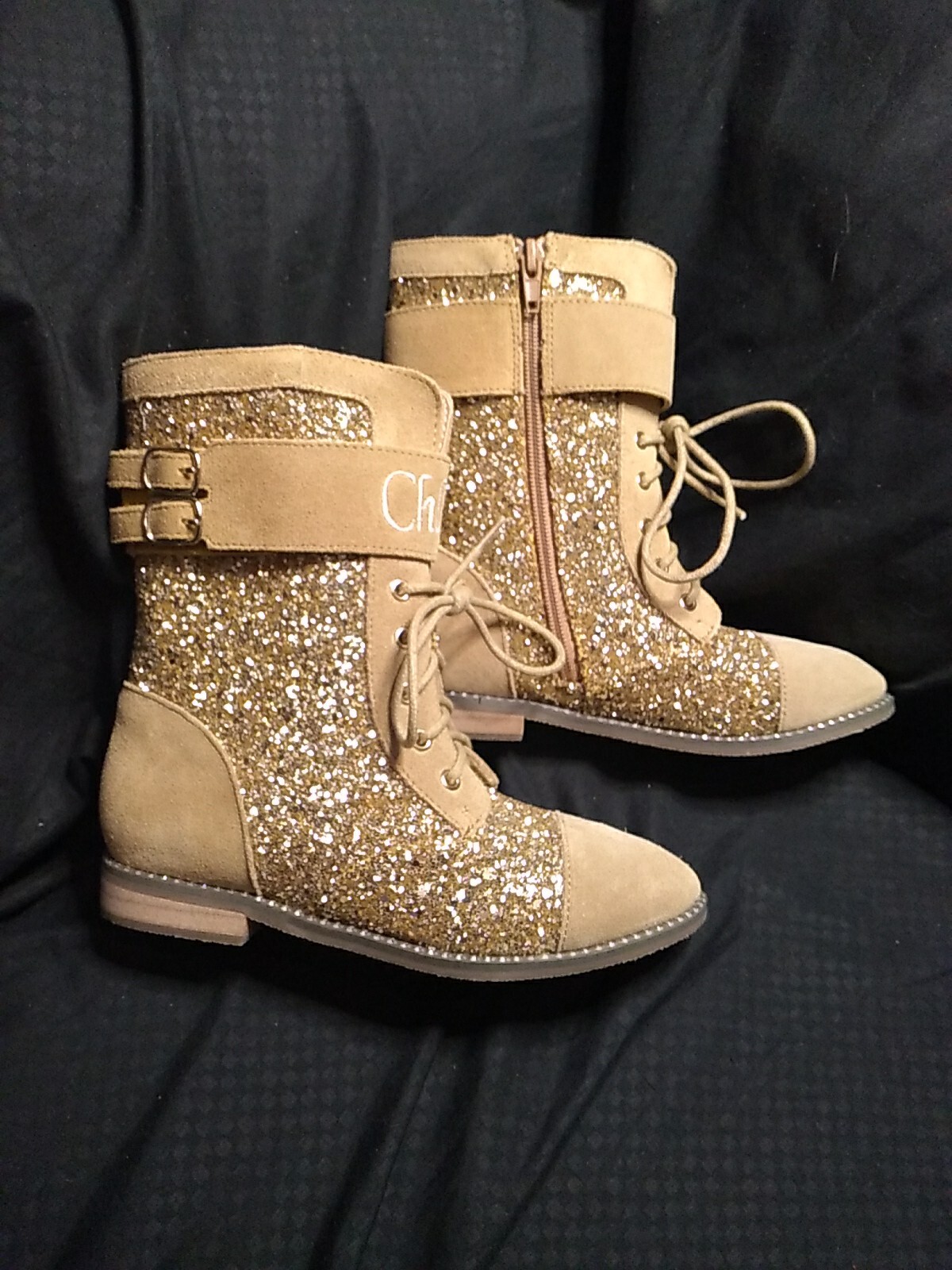 CHLOÉ Chasing Fire Flies BOOTS Girls Size 1M Tan Leather W/ Gold Sparkle! NEW*