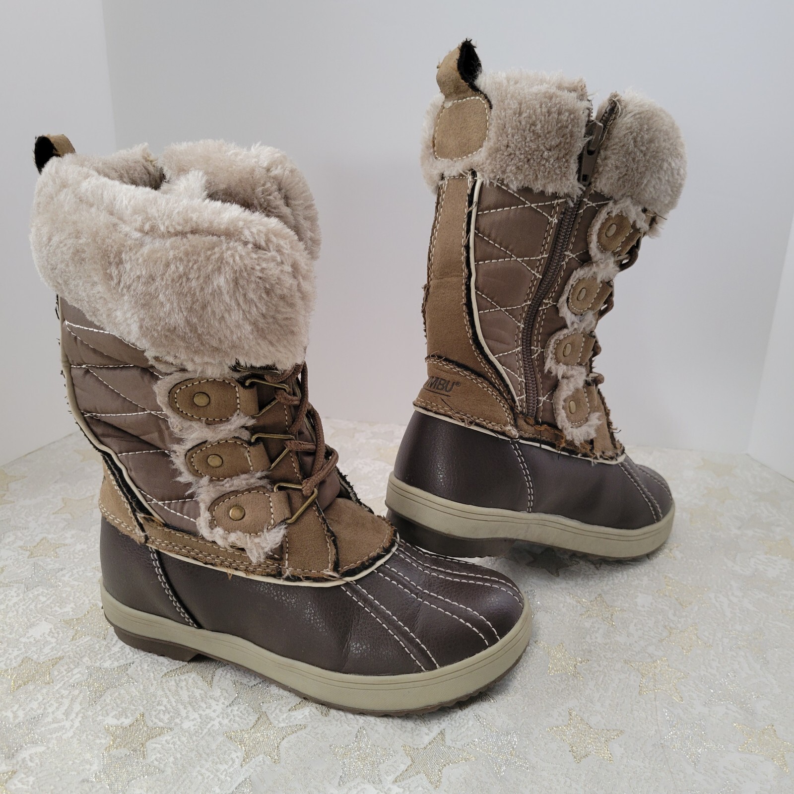 Khombu Girls Leather Faux Fur Lined Lace Up Tall Winter Boots Brown Size 1