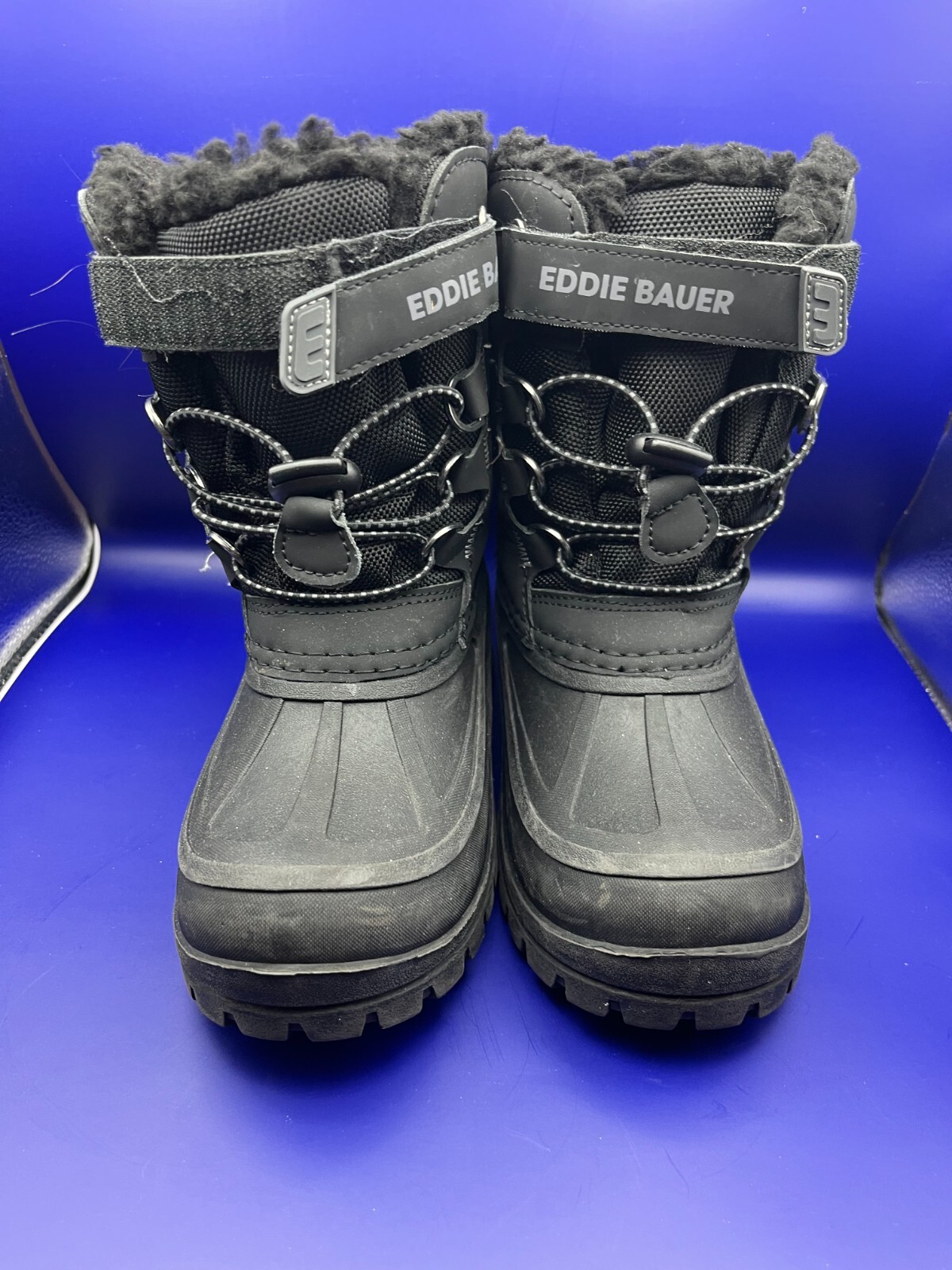 Eddie Bauer Kids Black Insulated Winter Snow Boots Size 2M Faux Fur Waterproof