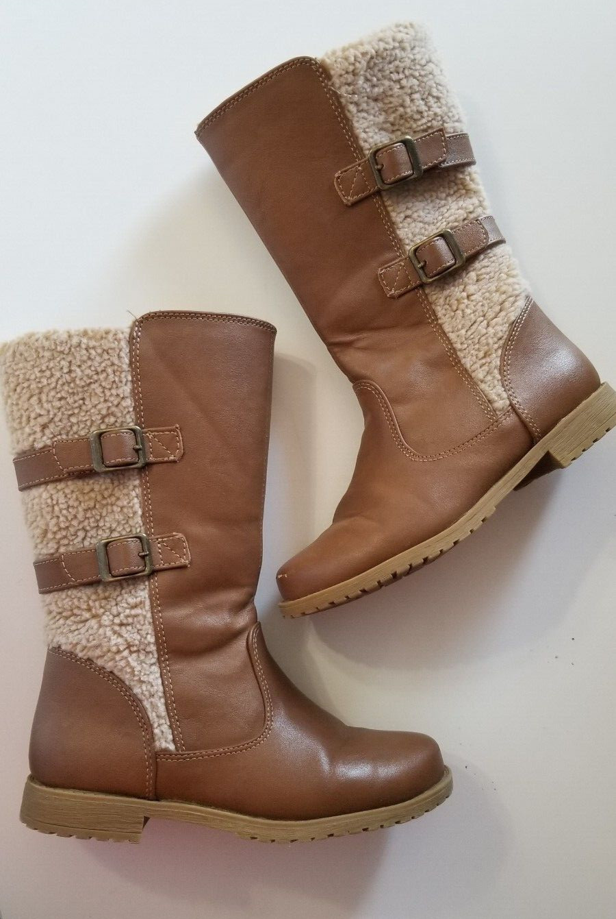 Girls’ Brown Faux Leather & Sherpa Lined Boots – Size 12 – Zip-Up Winter Boots