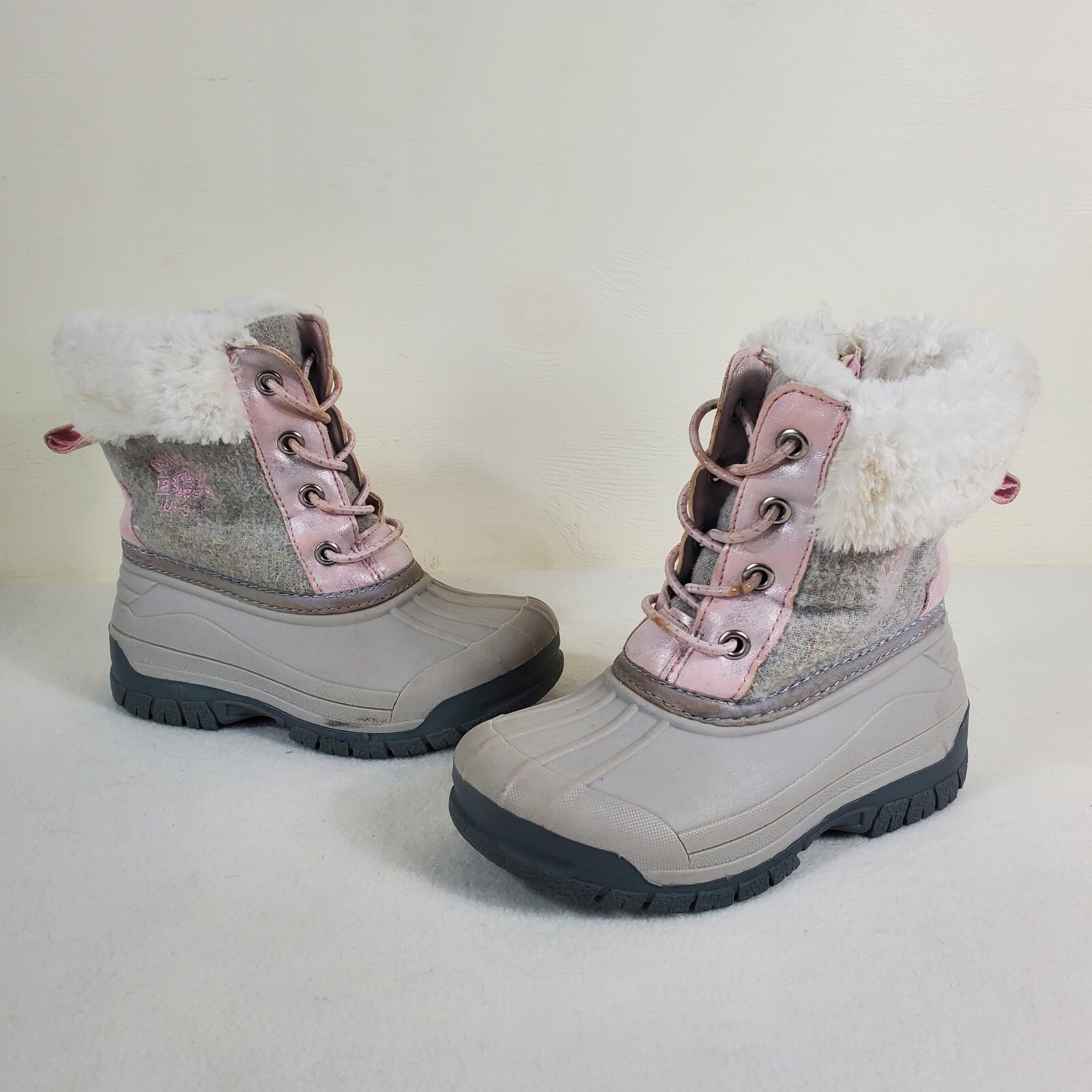 OSHKOSH B’gosh GIRLS Winter Boots SZ 9 Lace Zip Slip On Faux Fur Grey/Pink