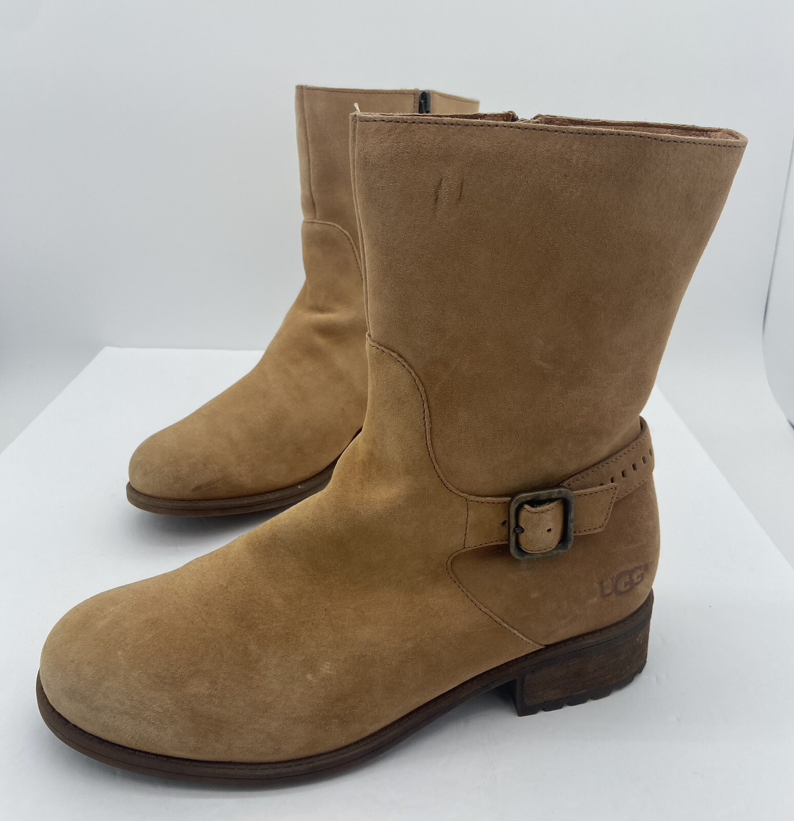 Uggs Australia Keppler Women Boots Chestnut Size 10 Suede Sheepskin Buckle Strap