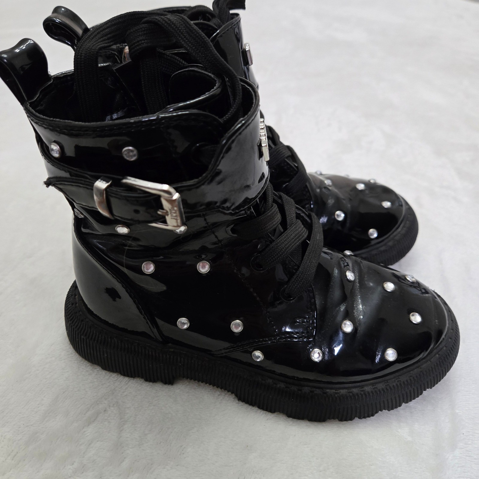 DKNY Black Patent Leather Rhinestone Buckle Lace Up Boots Kids Size 12