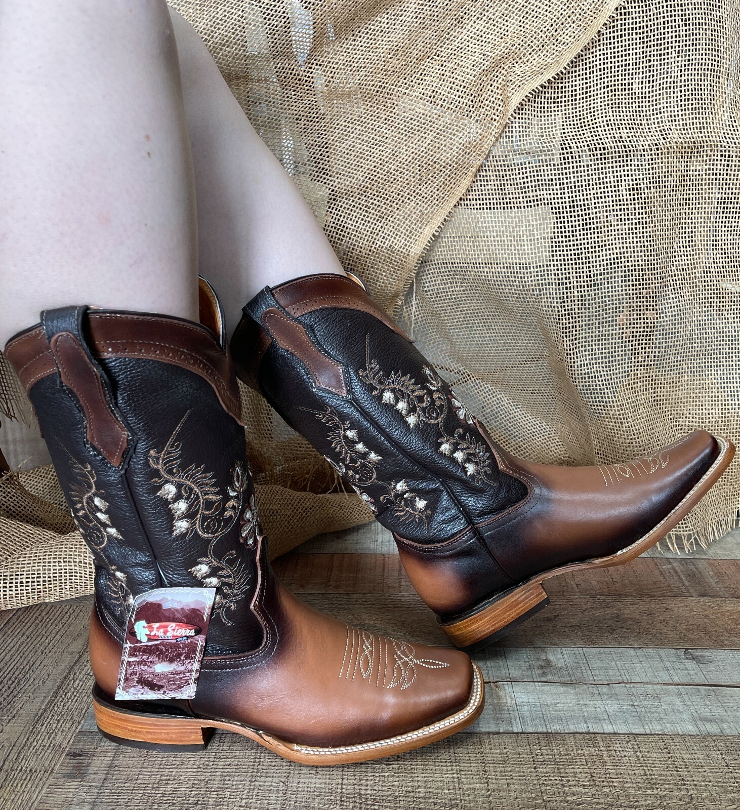 WOMEN Cowgirl Western Rodeo rustic Shadow Honey Square toe leather BOOTS Vaquera