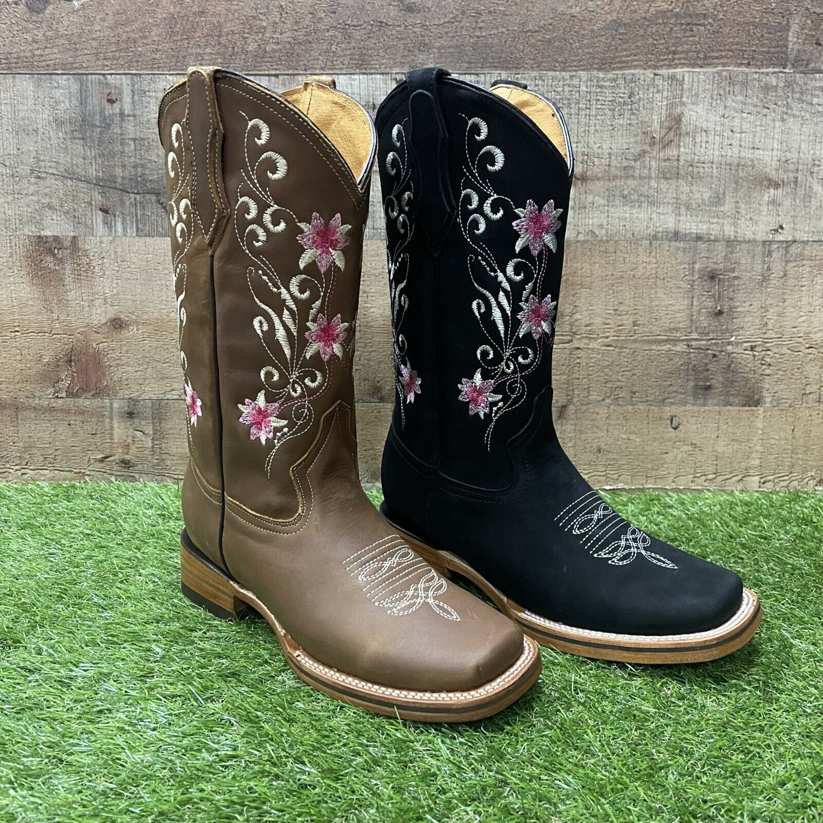 Women Embroider Cowgirl Western Square Toe Pink Flowers Boots Dama Flor Rosa 804