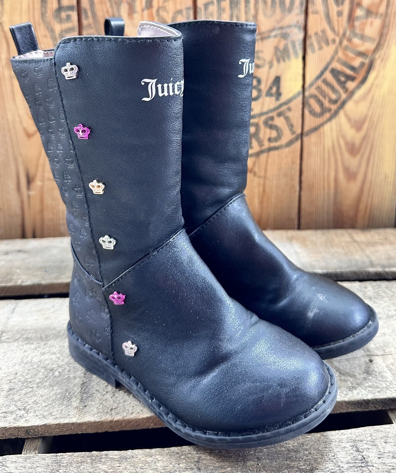 Juicy Couture Toddler Girls Boots Crown Easy On Zip Size 8 M School Black