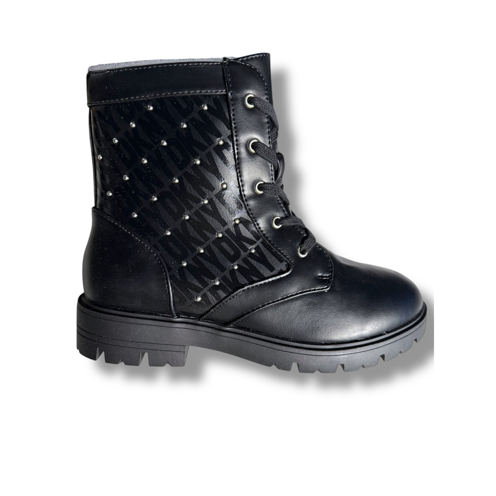 DKNY STASSI MILEY Combat Boots Studded Logo Lace Up Side Zip Black Boots Sz 4.5