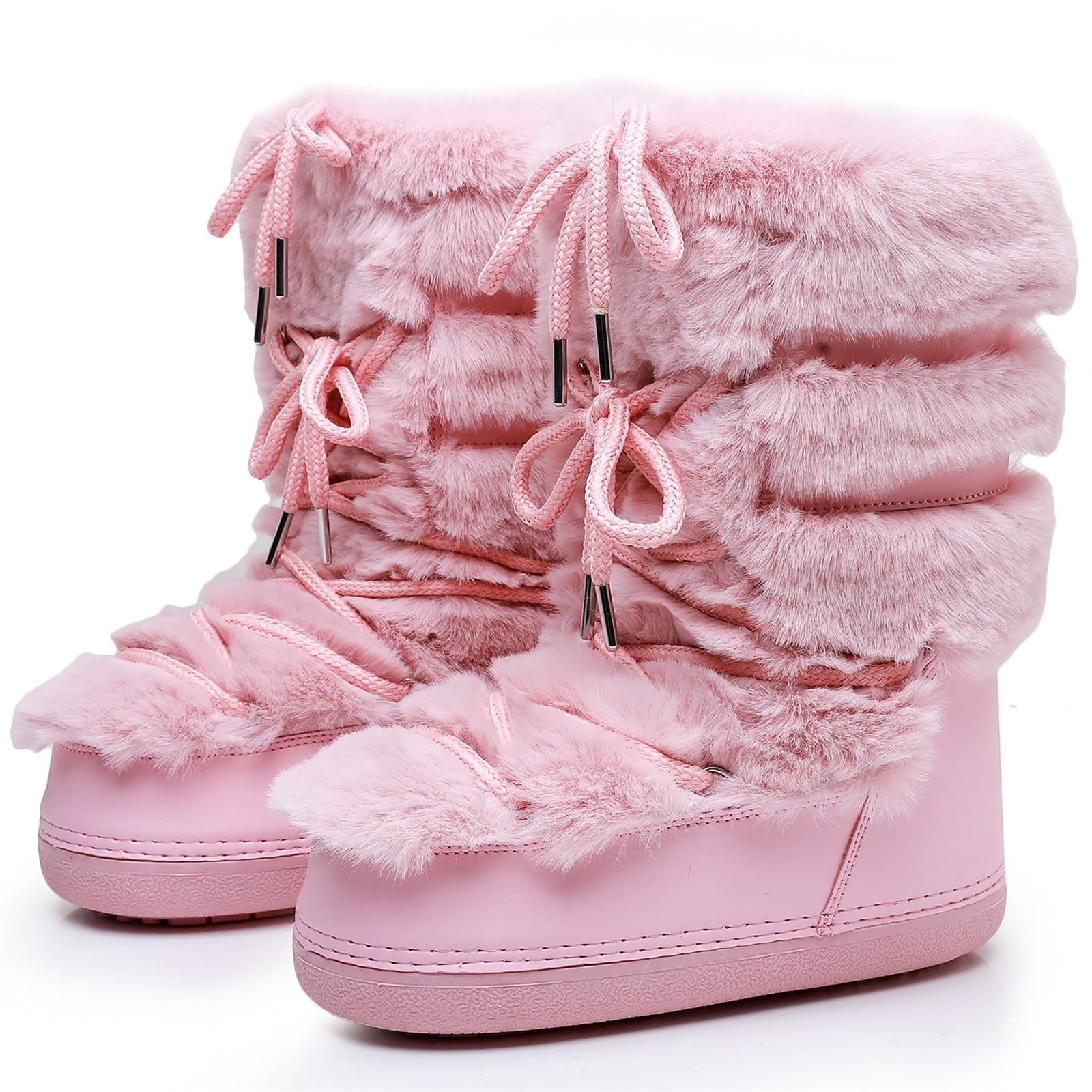 Winter Snow Boots Women Boots Fluffy Furry Fuzzy Faux Fur Boots Lace Up Middle