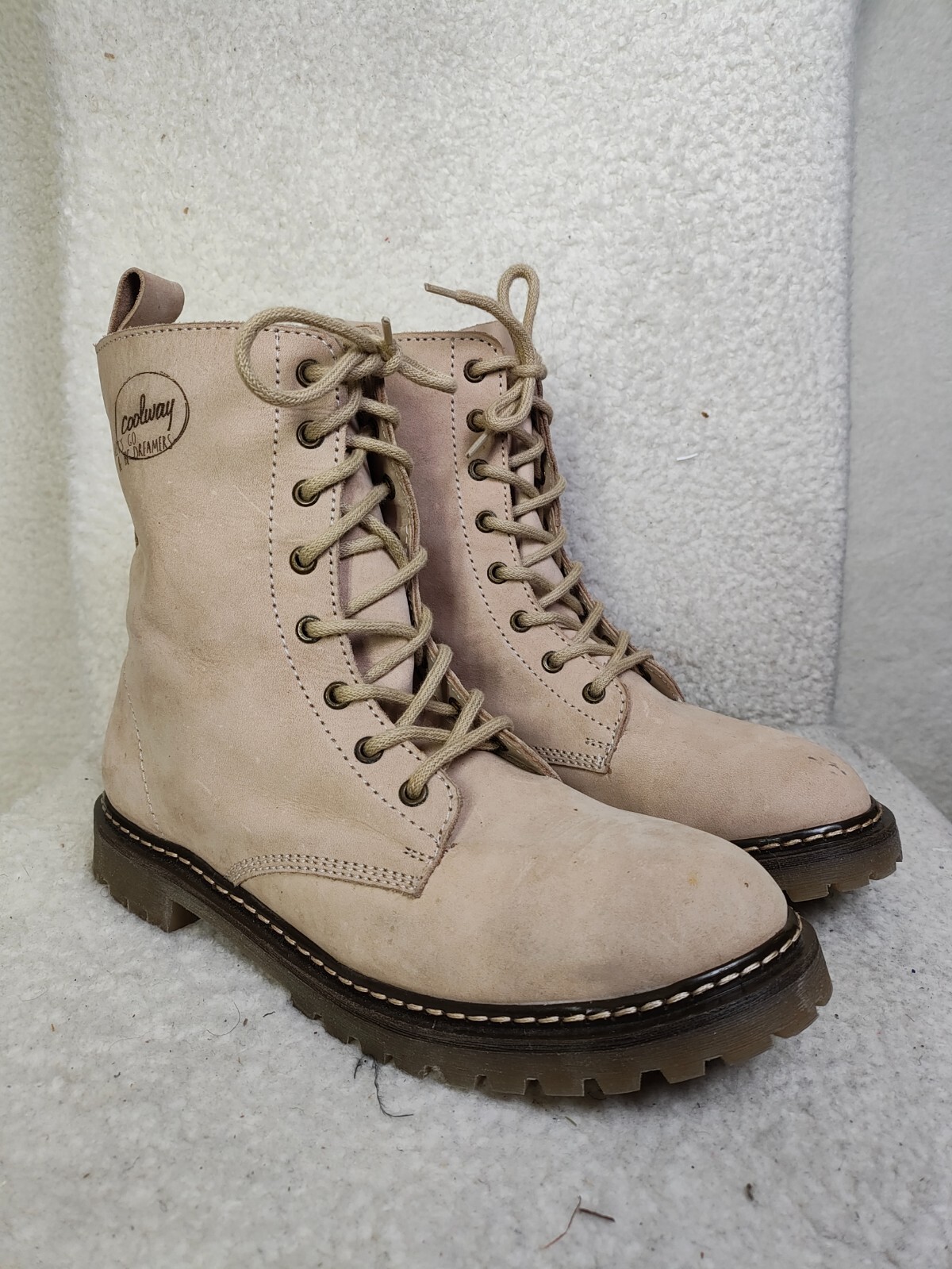 Coolway Women Boots 10 Beige Fabric Lace Up Elva Comfort Ankle Combat Shoes