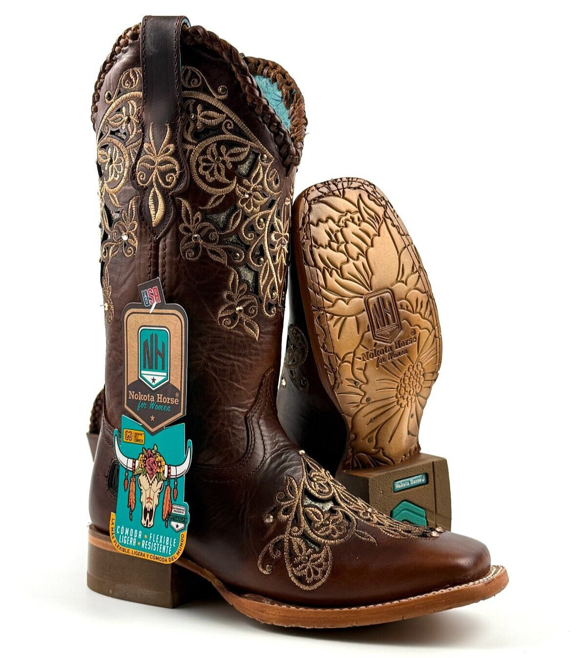 WOMEN’S WESTERN SQUARED TOE COWGIRL BOTAS SMOOTH LEATHER EMBROIDERED NOKOTA HORS