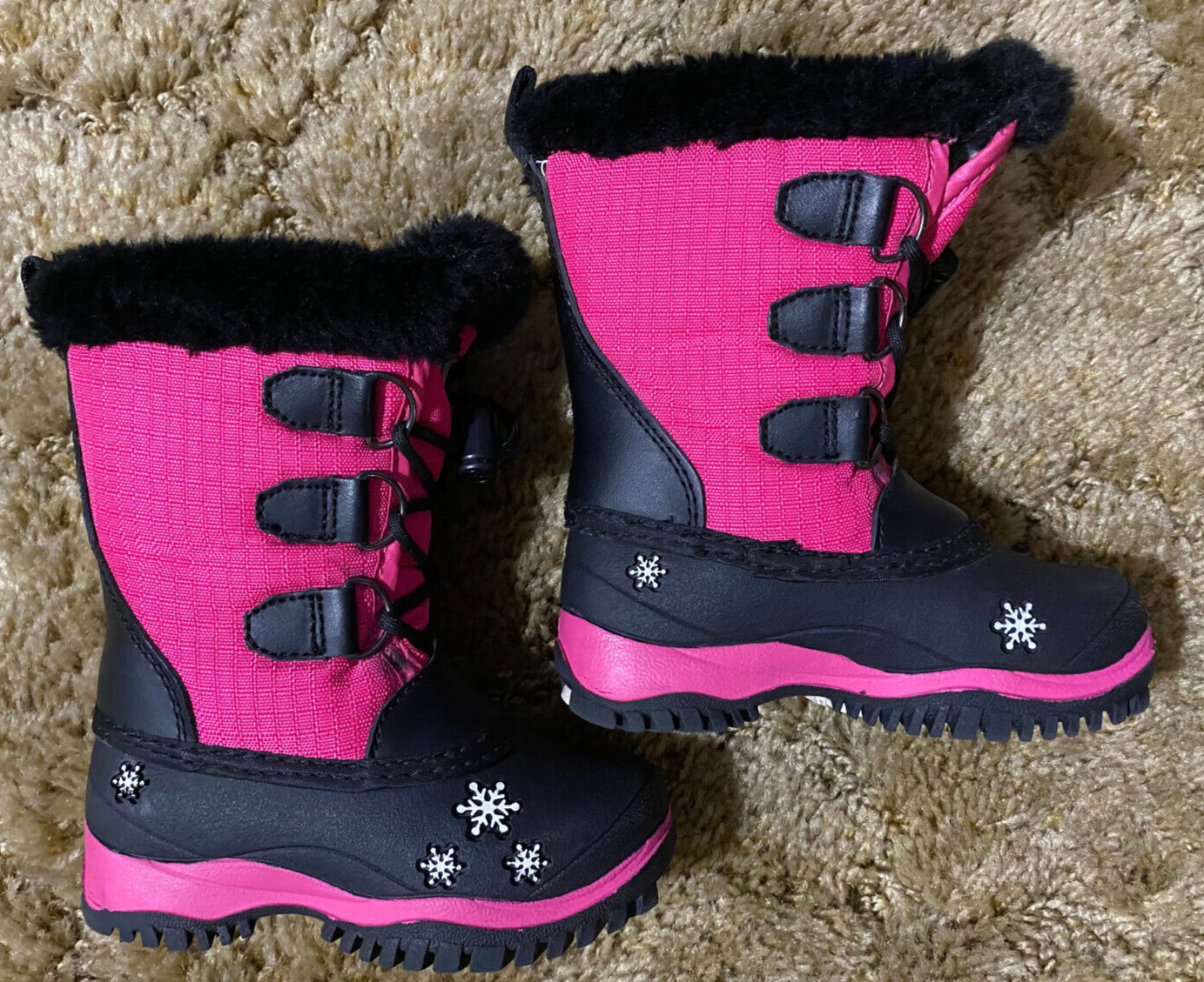 BAFFIN SHARI GIRLS WINTER BOOTS SIZE 6 US SNFL-C007 PINK & BLACK WITH SNOWFLAKES