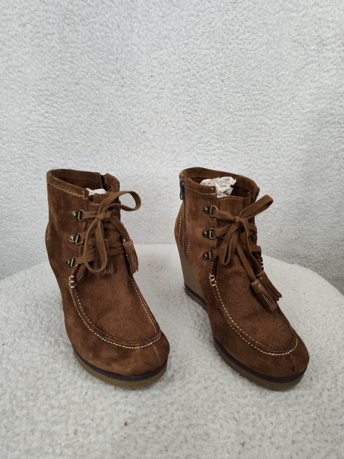 MIA Brisk Women Boots 10M Brown Suede Lace Up Almond Toe Hazel Ankle Wedge Heel