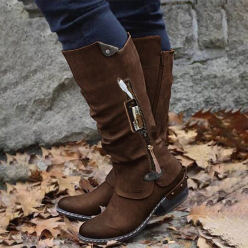 Women Boots Lady Shoes Womens Zip Knee High Ladies Riding Boots Round Toe