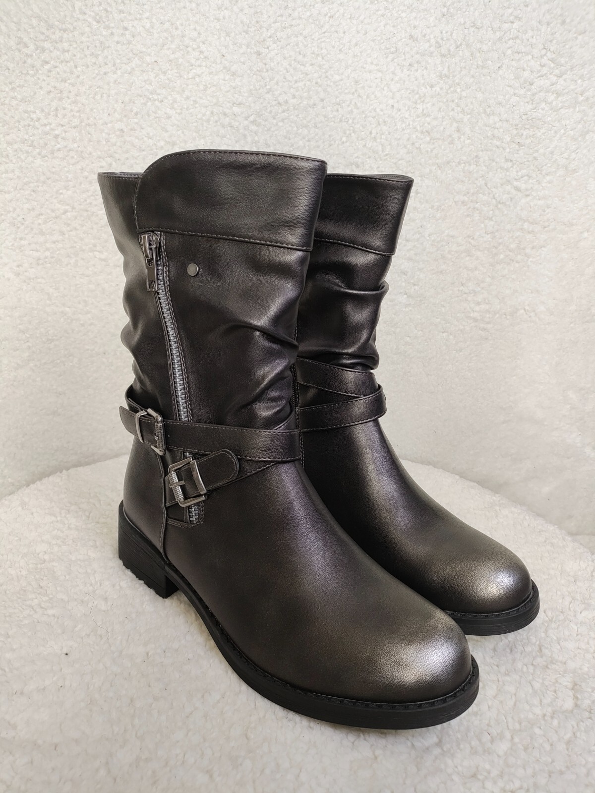 Global Win Women Boots 10 Gray PU Leather Zip Up Mid Calf Comfort Flat Shoes