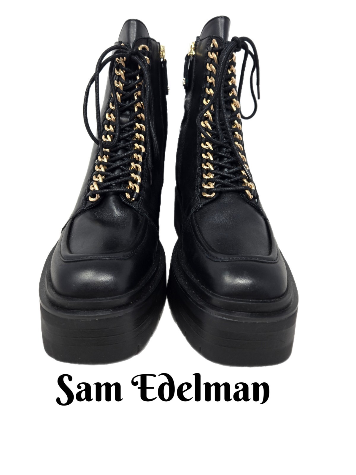 Sam Edelman Women Boots Sz 6.5 Lovrin Black Leather Gold Chain Detail Thru Laces