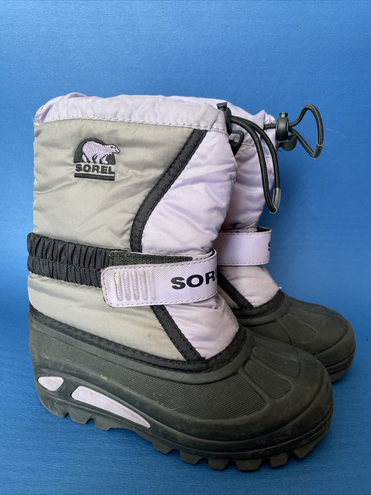 Sorel Youth Girls Winter Boots Sz 12 Lavender Gray Black Slip On Snow Boots