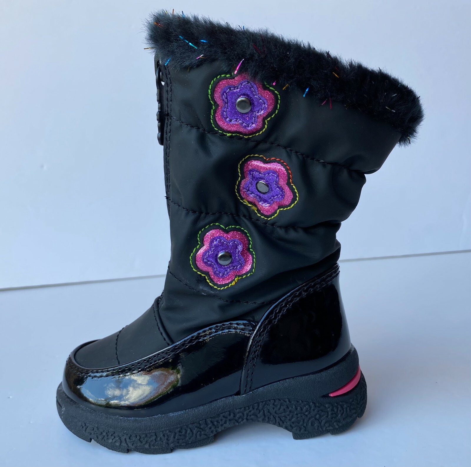 Totes Waterproof Winter Boots Toddler Girls 5 Black Lined Zipper Flower Fur Trim