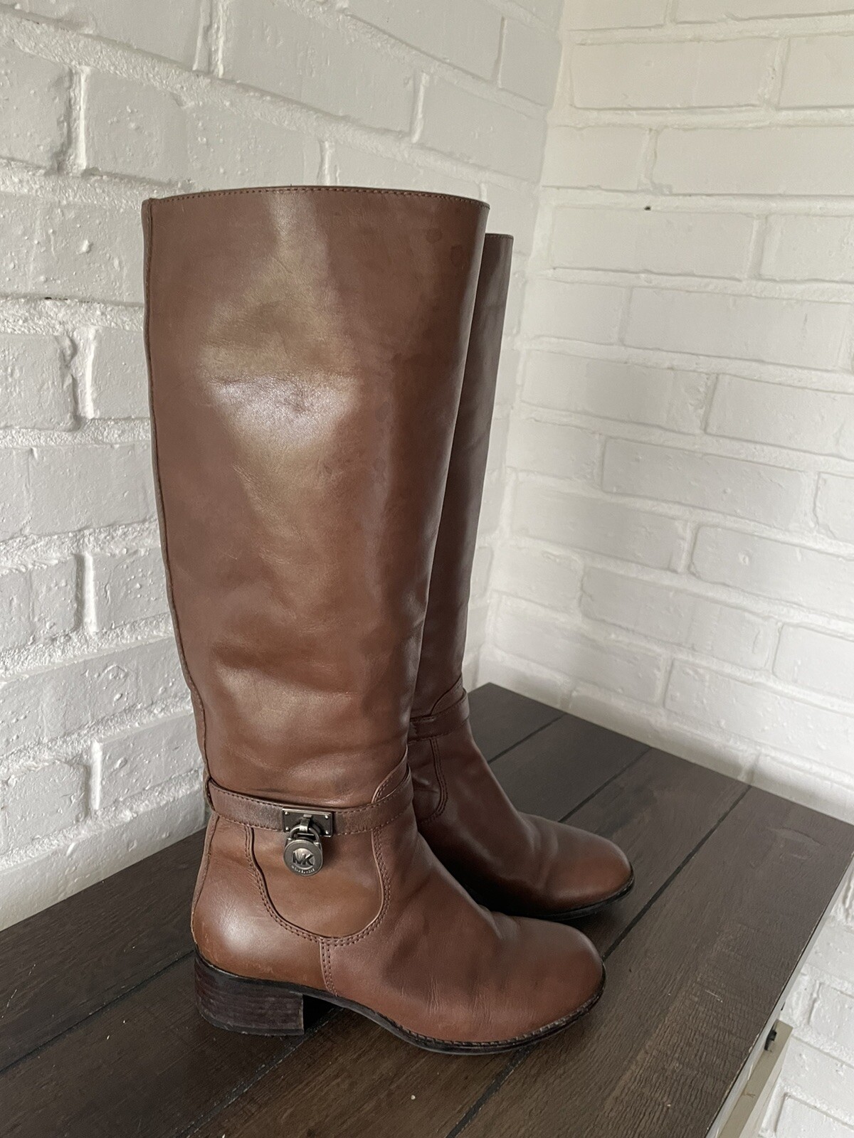 Michael Kors Hamilton Brown Leather Women Boots Tall Tan Logo Knee Zip Sz 6 M