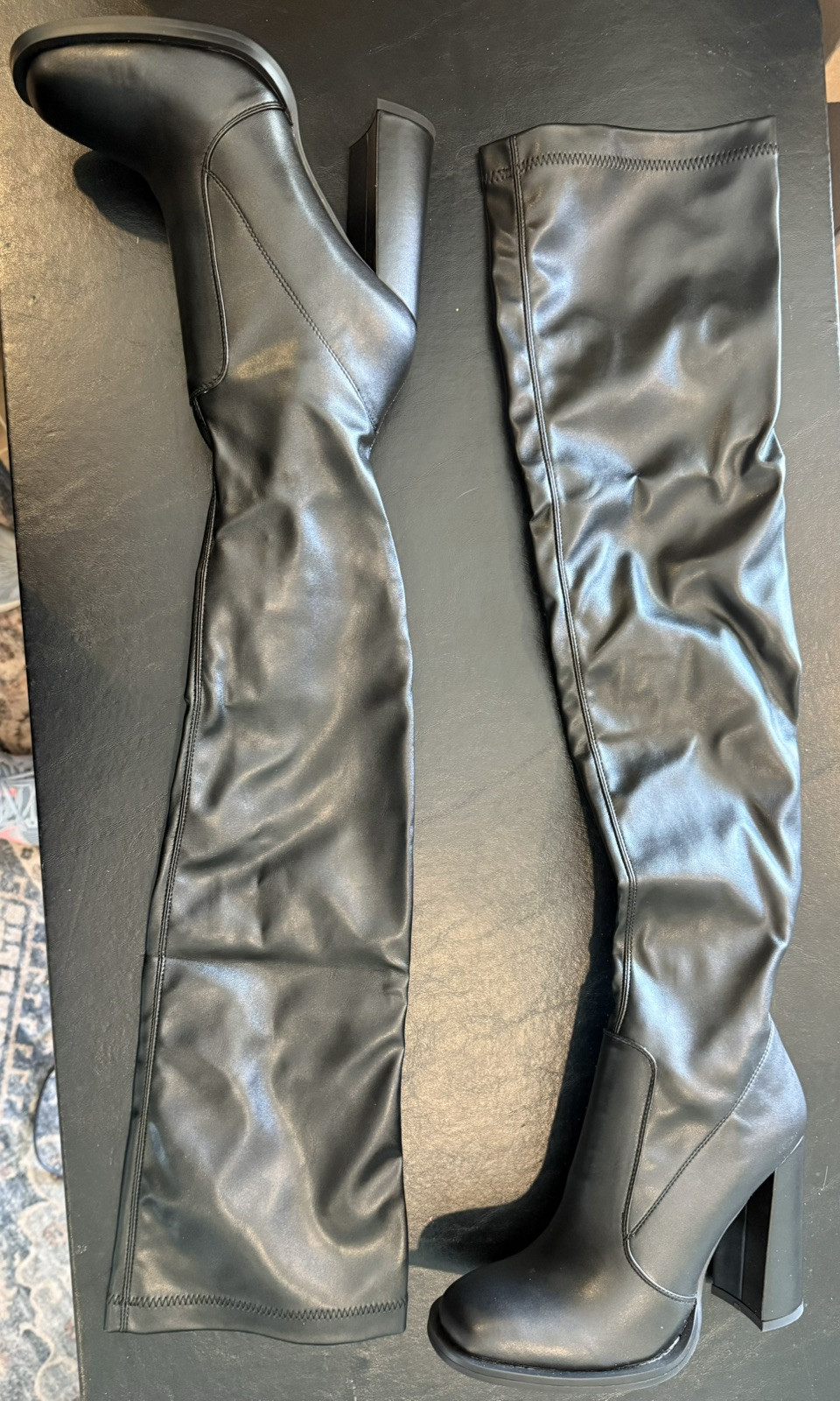 Thigh High Boots UK Size 4 US Size 6 Black Faux Leather 4″ Heel – A0243