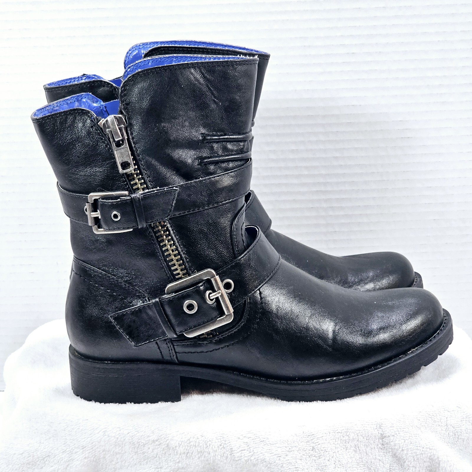 Penny Loves Kenny Biker Boots Womens 7.0 M Black Reinforced Toe Buckle Zip-up