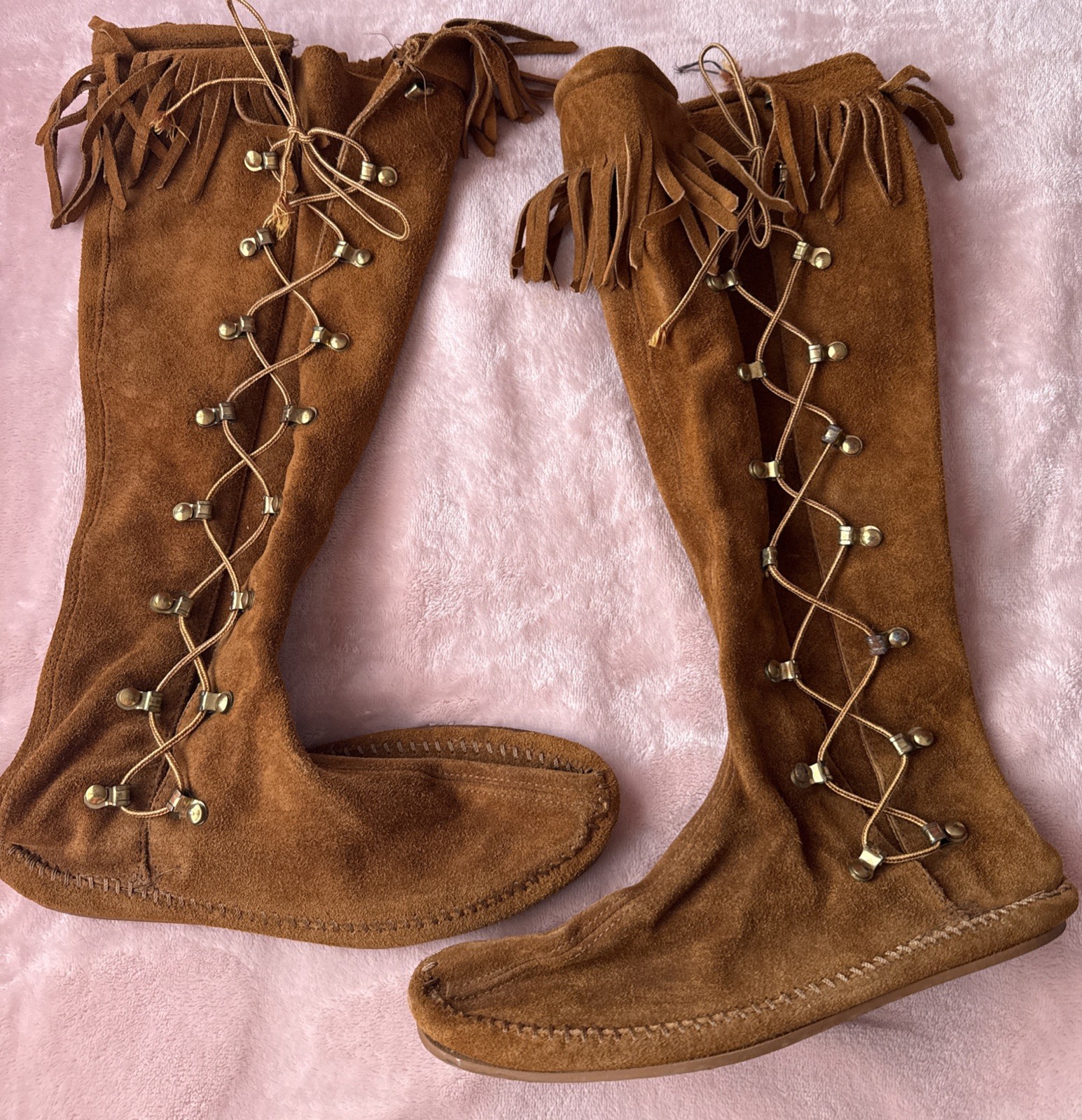 VTG Minnetonka Boots 10 Brown Suede Fringe Moccasins 60s 70s Tall Knee High Boho