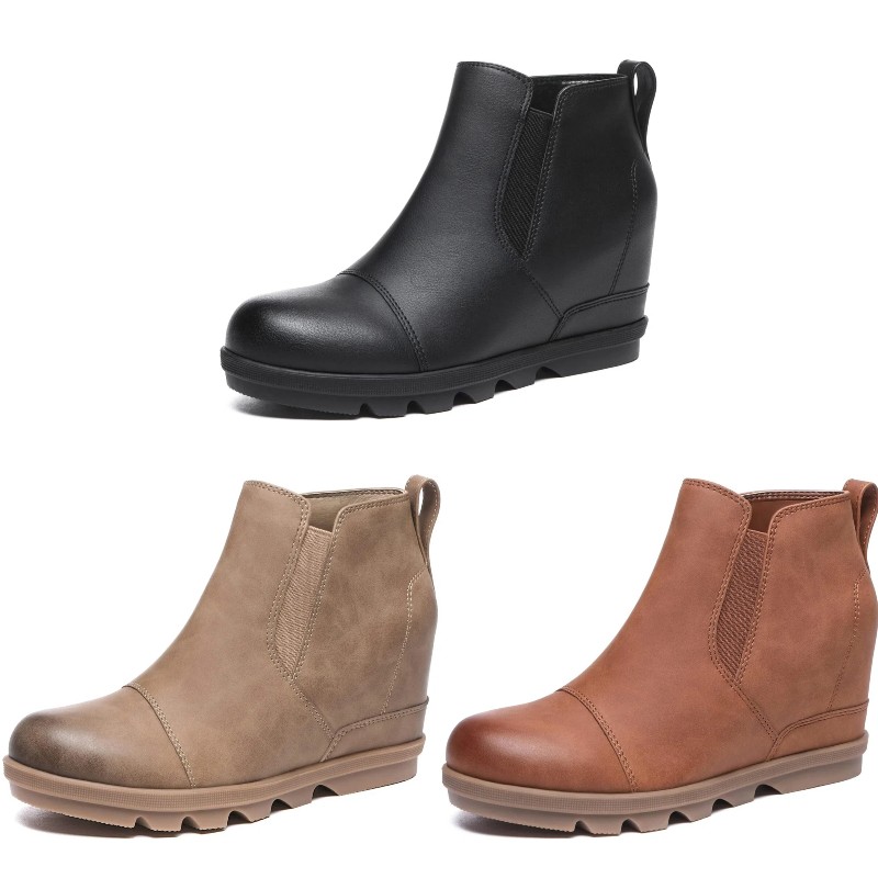 Women’s Wedge Ankle Boots Comfort Slip-On Waterproof Leather Platform Booties