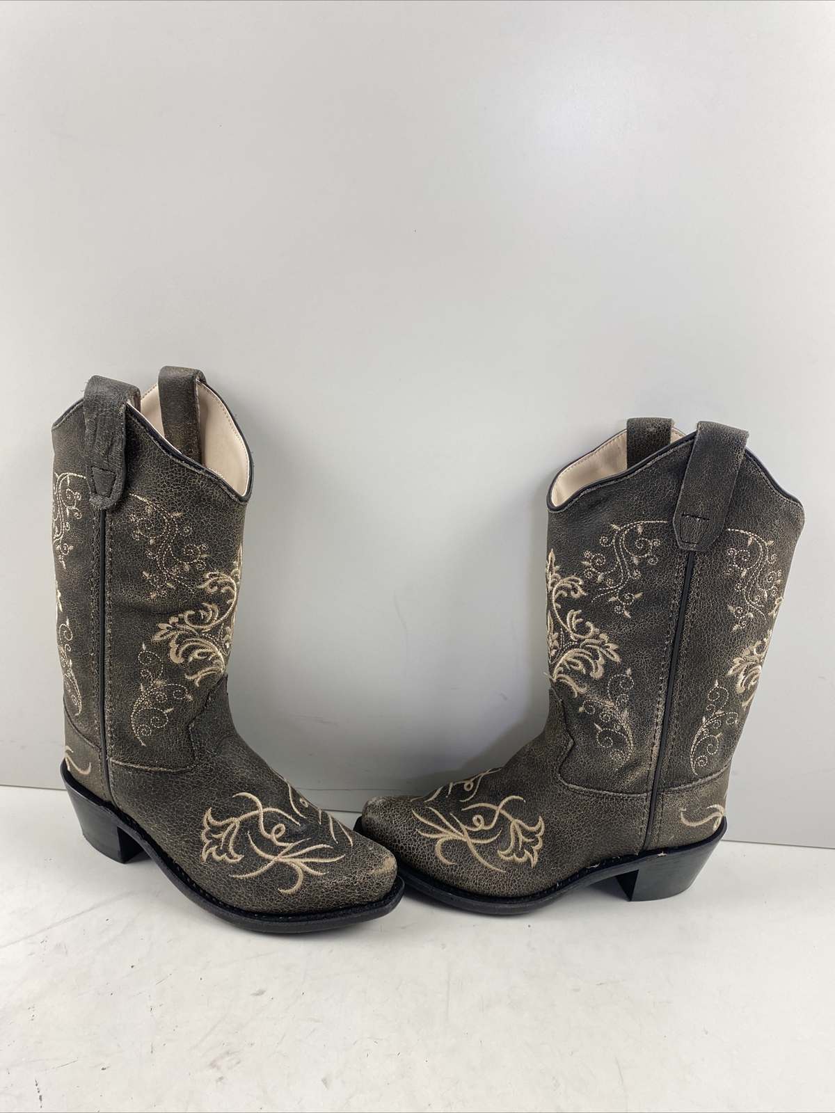 Old West Embroidered Leather Narrow Square Toe Pull On Western Boots Girls 13.5D