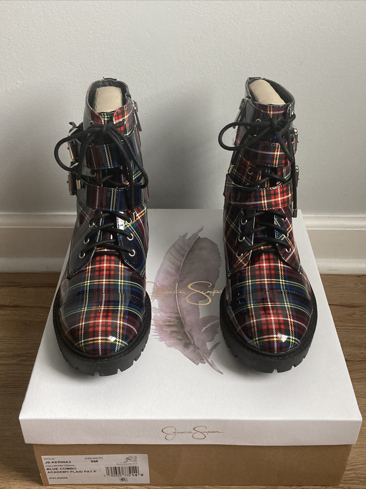 NEW Jessica Simpson Kerina 2 Blue Combo Academy Plaid Combat Boots Size 9M