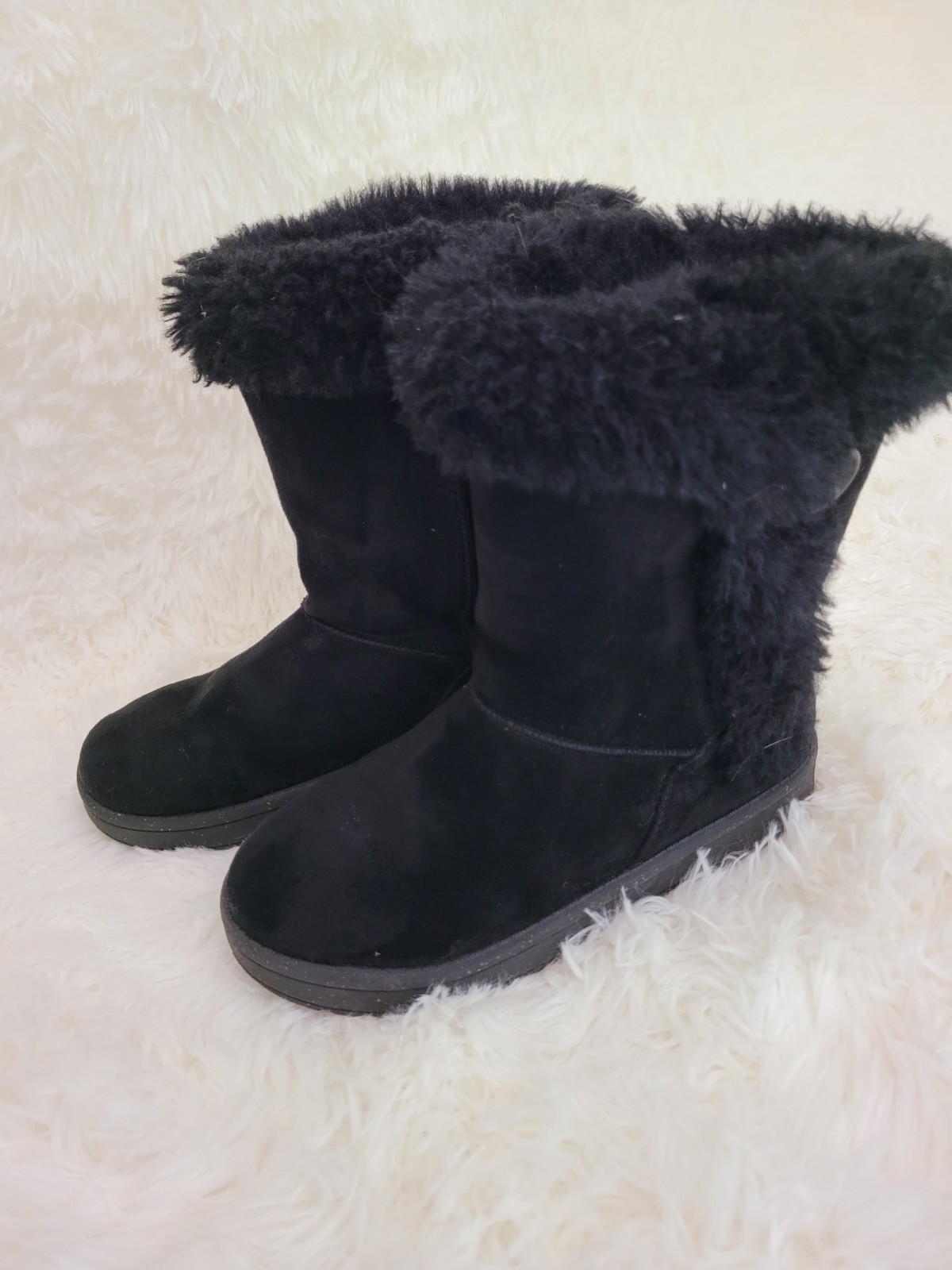 Black Faux Fur Trim Button Mid-Calf Winter Boots Girls Youth 2