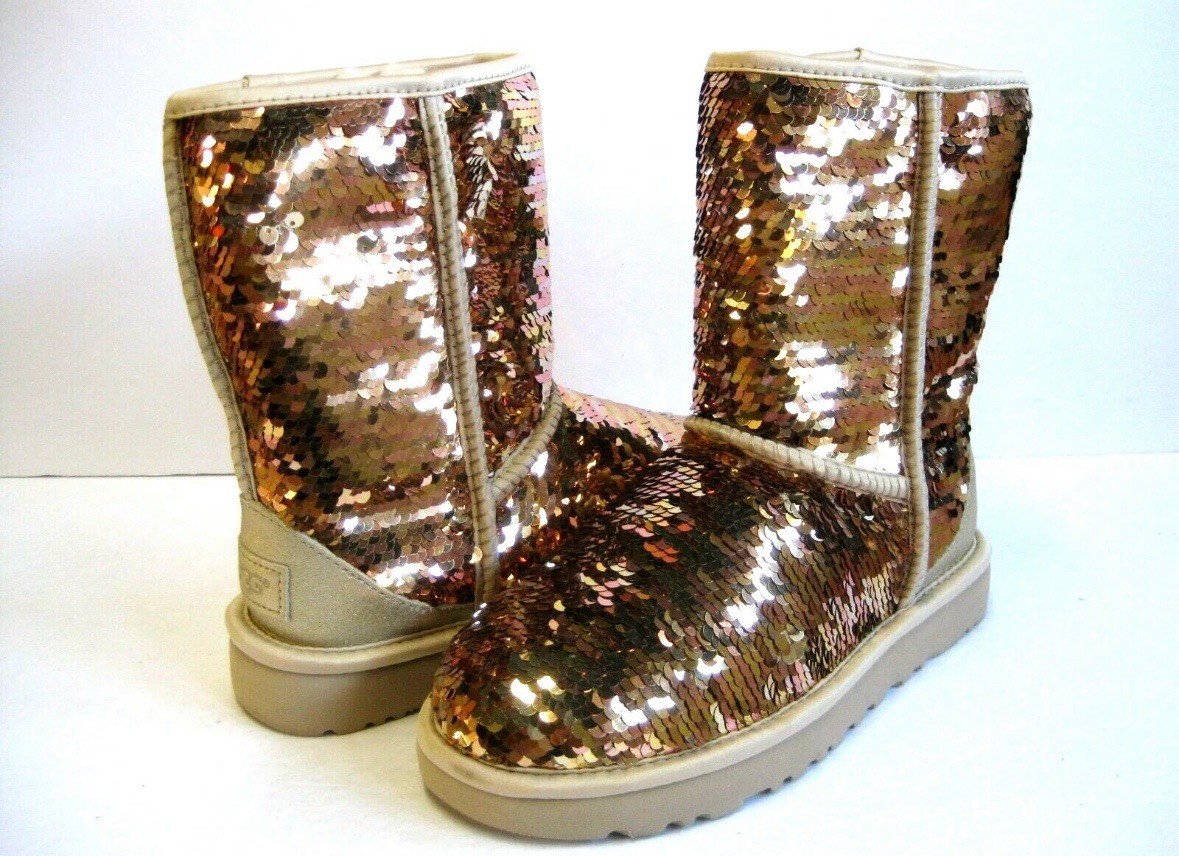 UGG CLASSIC SHORT SEQUIN WOMEN BOOTS GOLD COMBO US 6/UK 4 /EU 37 /JP 23